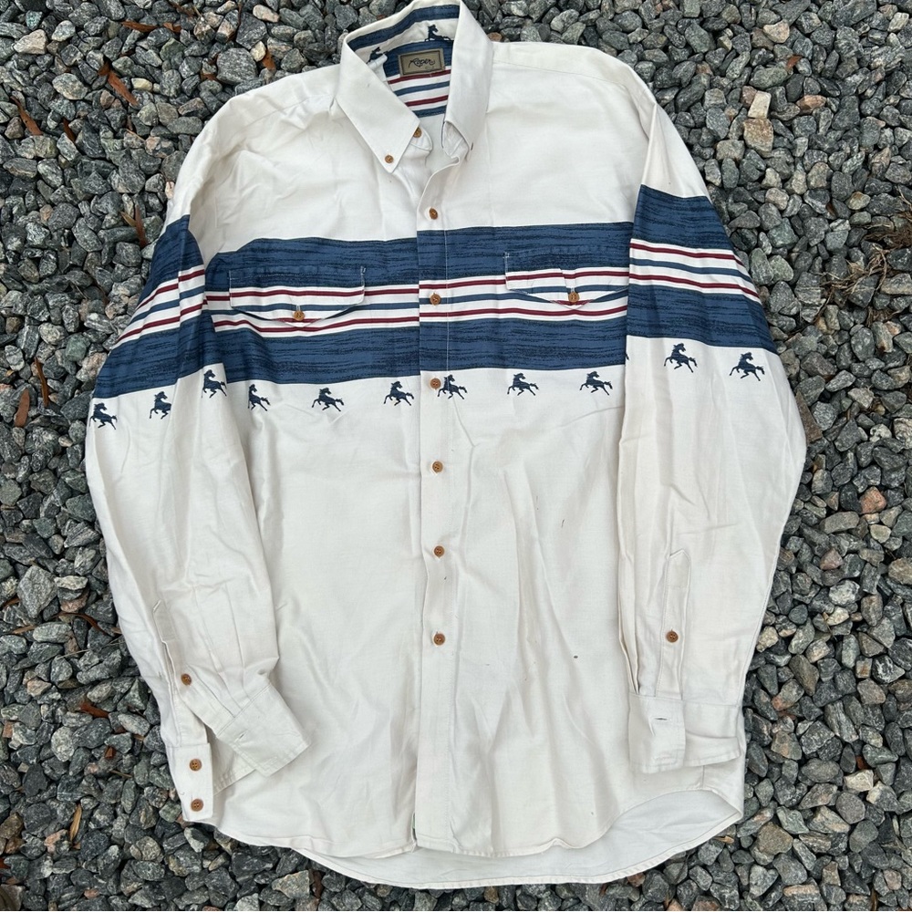Ariat Men's White Western Button-Up Shirt with Navy Stripe & Horse Motif